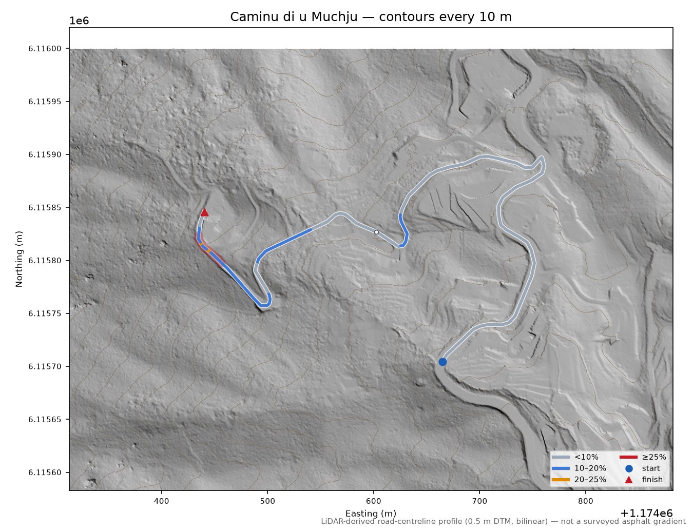 Caminu di u Muchju LiDAR hillshade map with contours