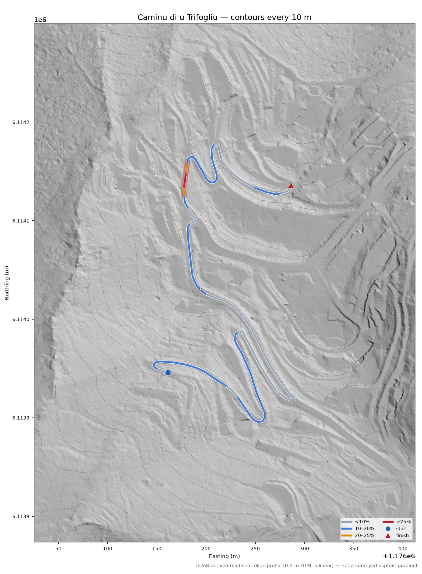Caminu di u Trifogliu LiDAR hillshade map with contours