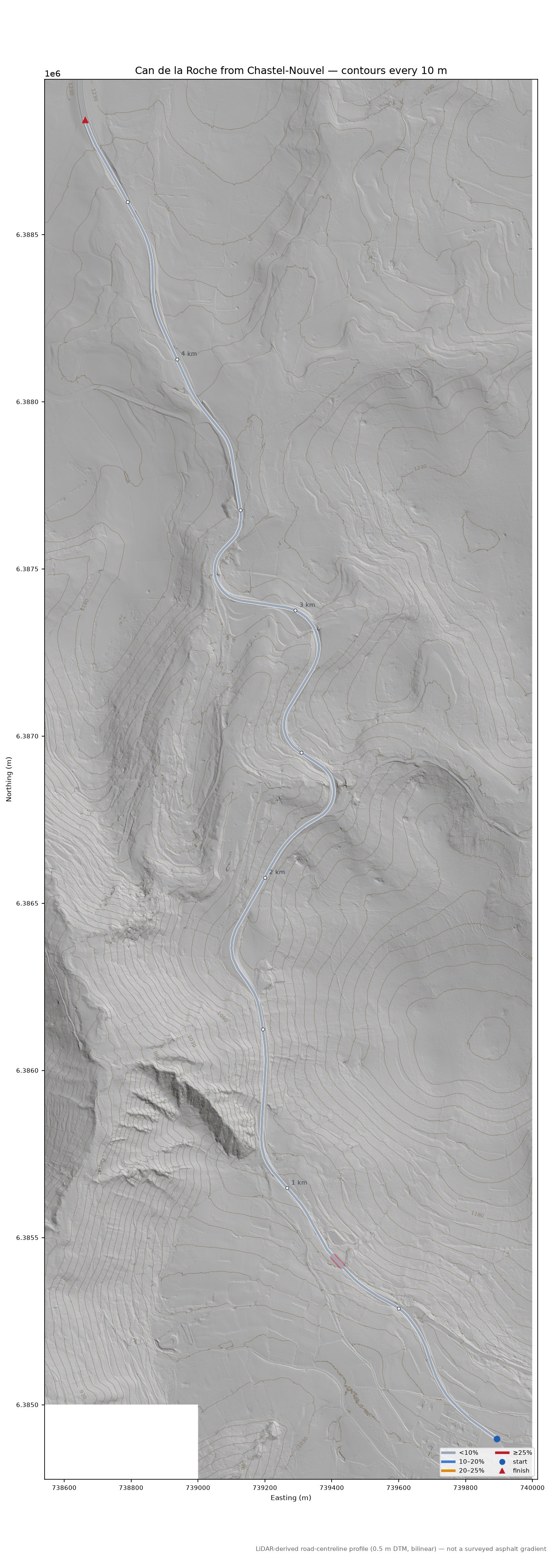 Can de la Roche from Chastel-Nouvel LiDAR hillshade map with contours