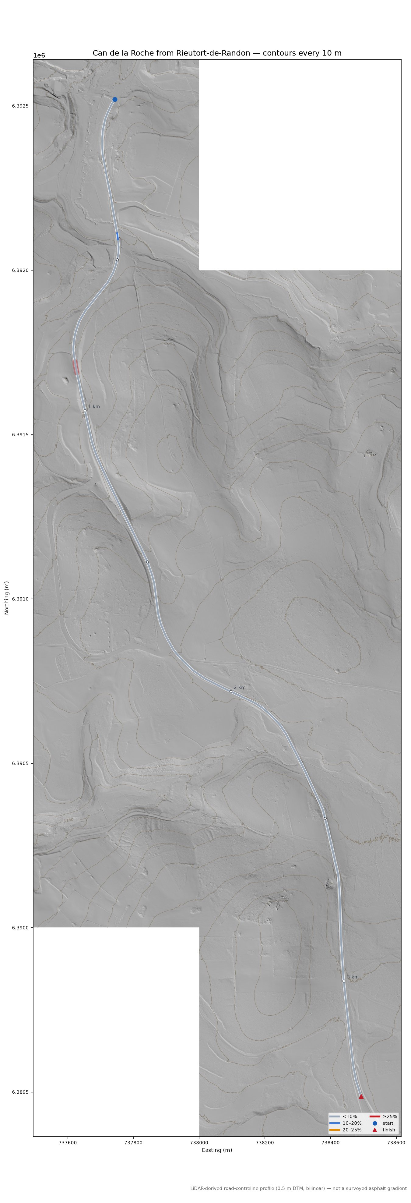Can de la Roche from Rieutort-de-Randon LiDAR hillshade map with contours
