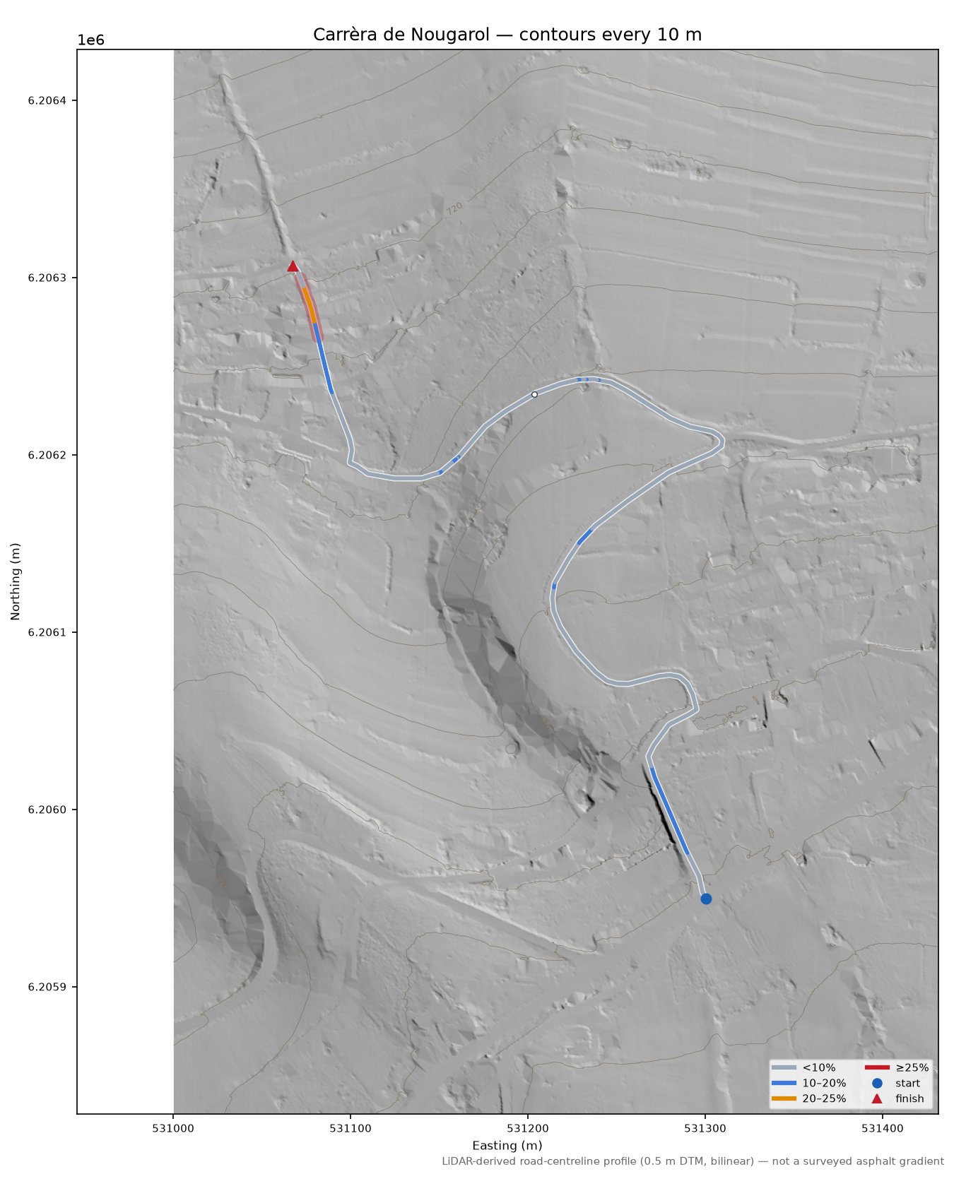 Carrèra de Nougarol LiDAR hillshade map with contours
