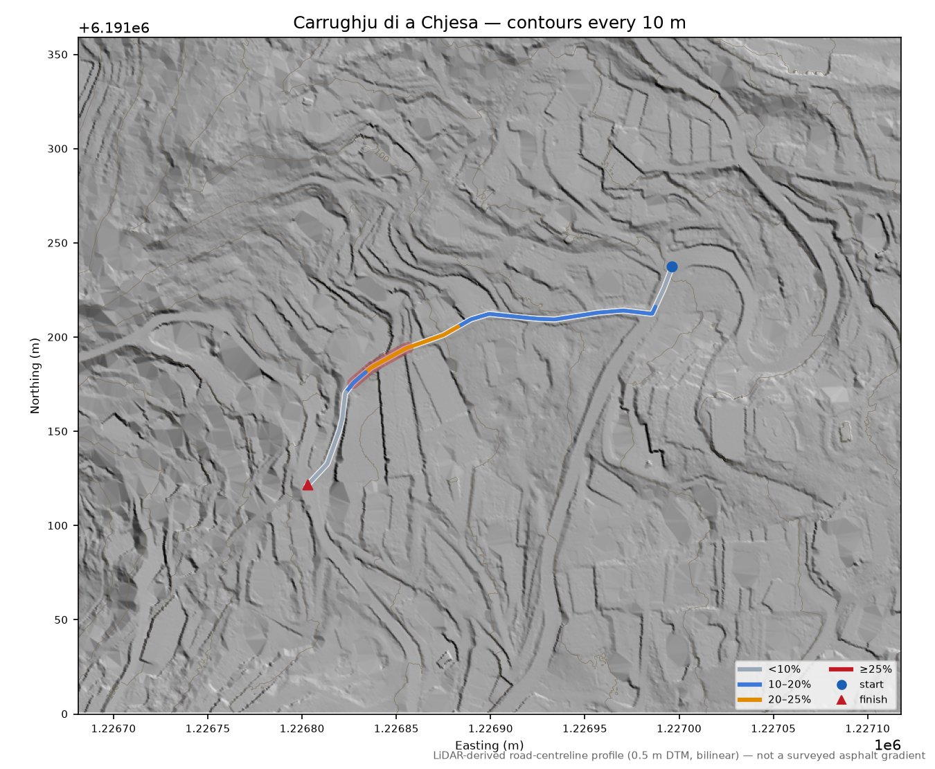 Carrughju di a Chjesa LiDAR hillshade map with contours