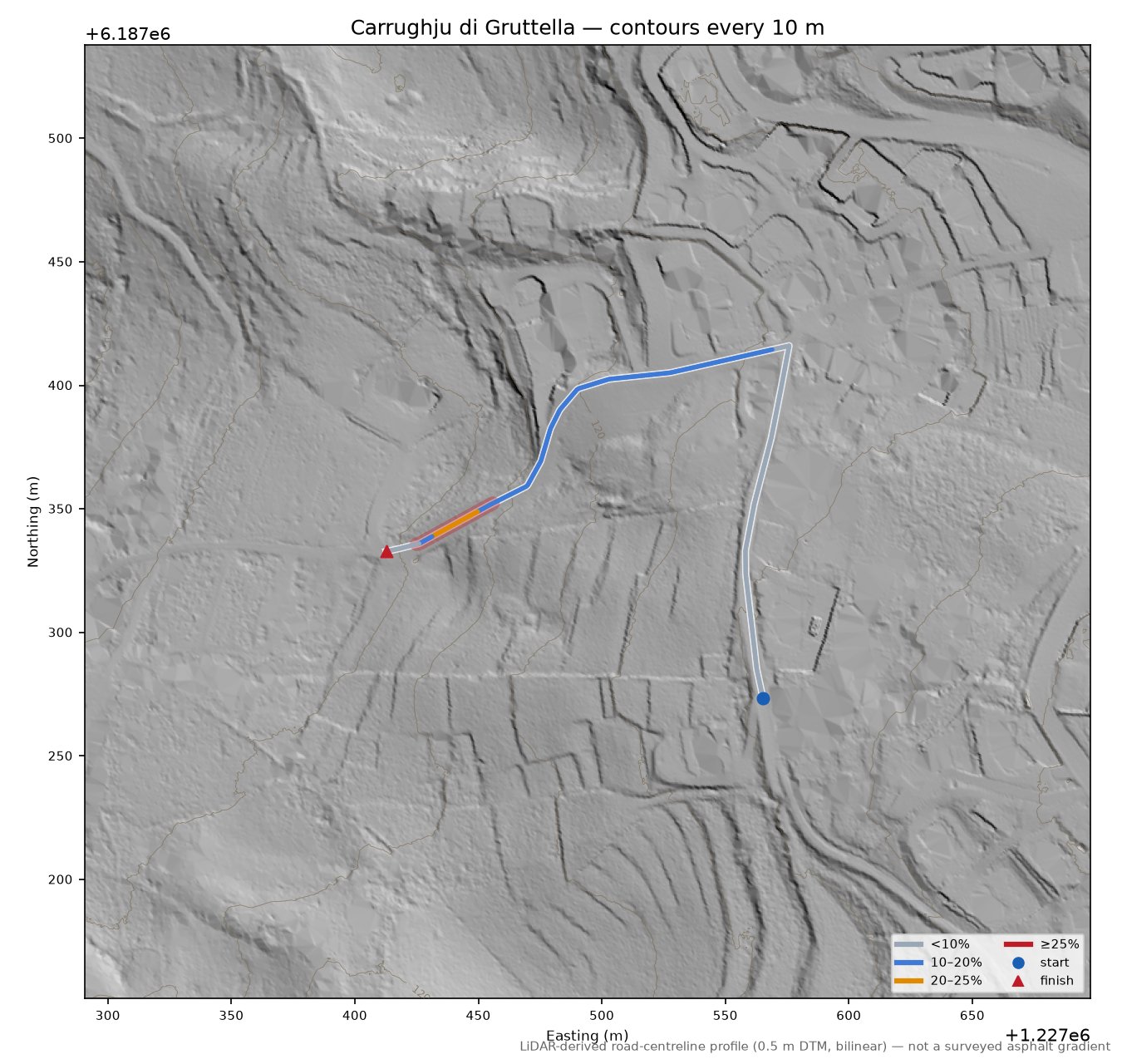 Carrughju di Gruttella LiDAR hillshade map with contours