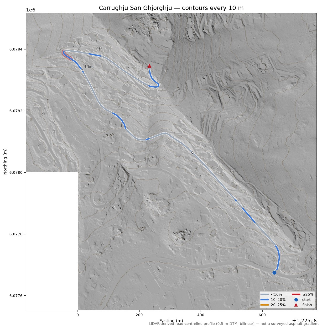 Carrughju San Ghjorghju LiDAR hillshade map with contours