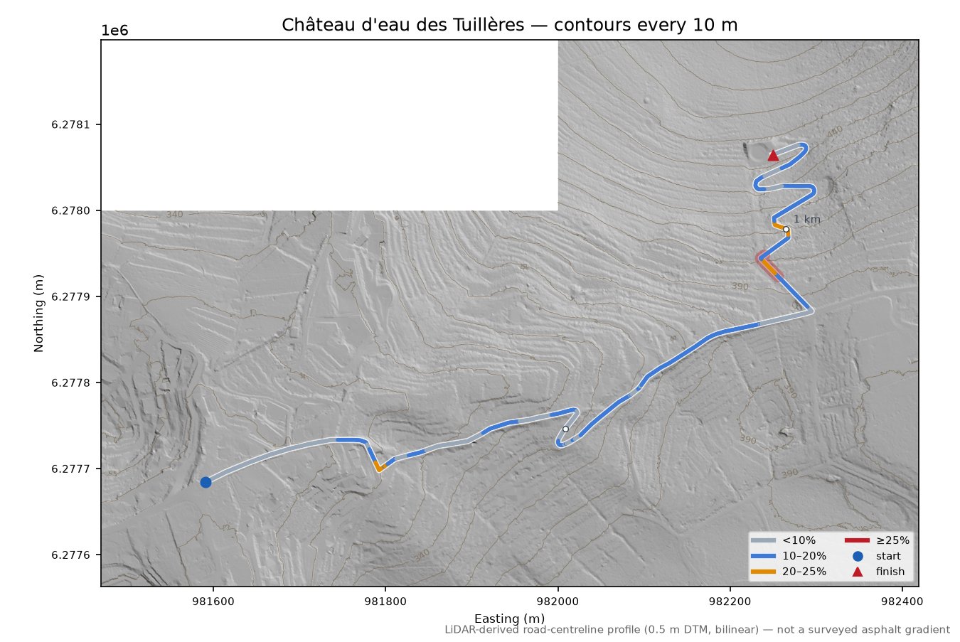 Château d'eau des Tuillères LiDAR hillshade map with contours