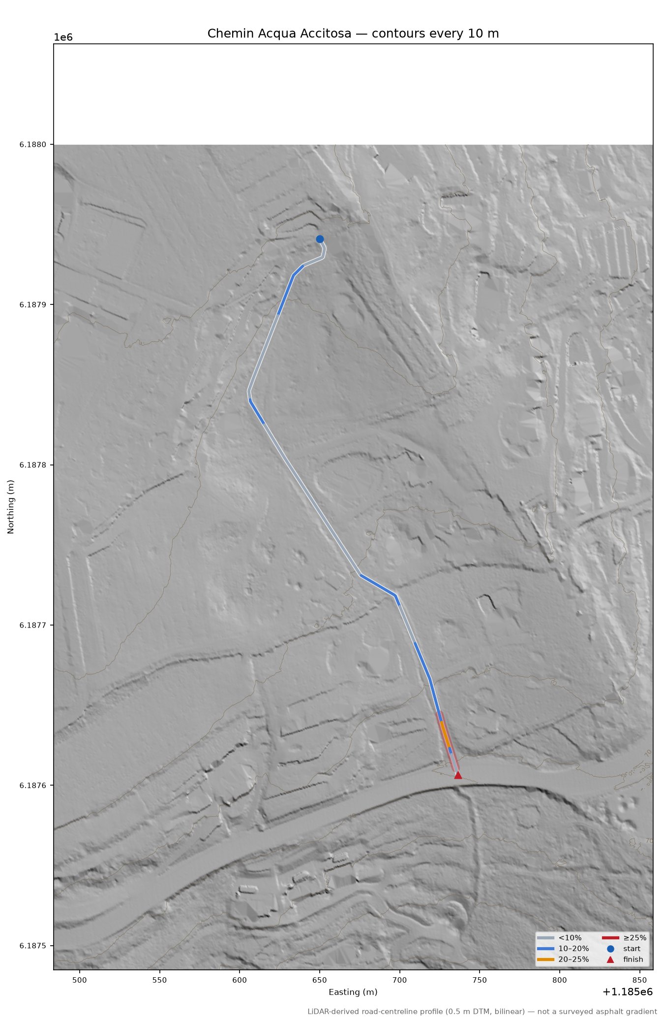 Chemin Acqua Accitosa LiDAR hillshade map with contours