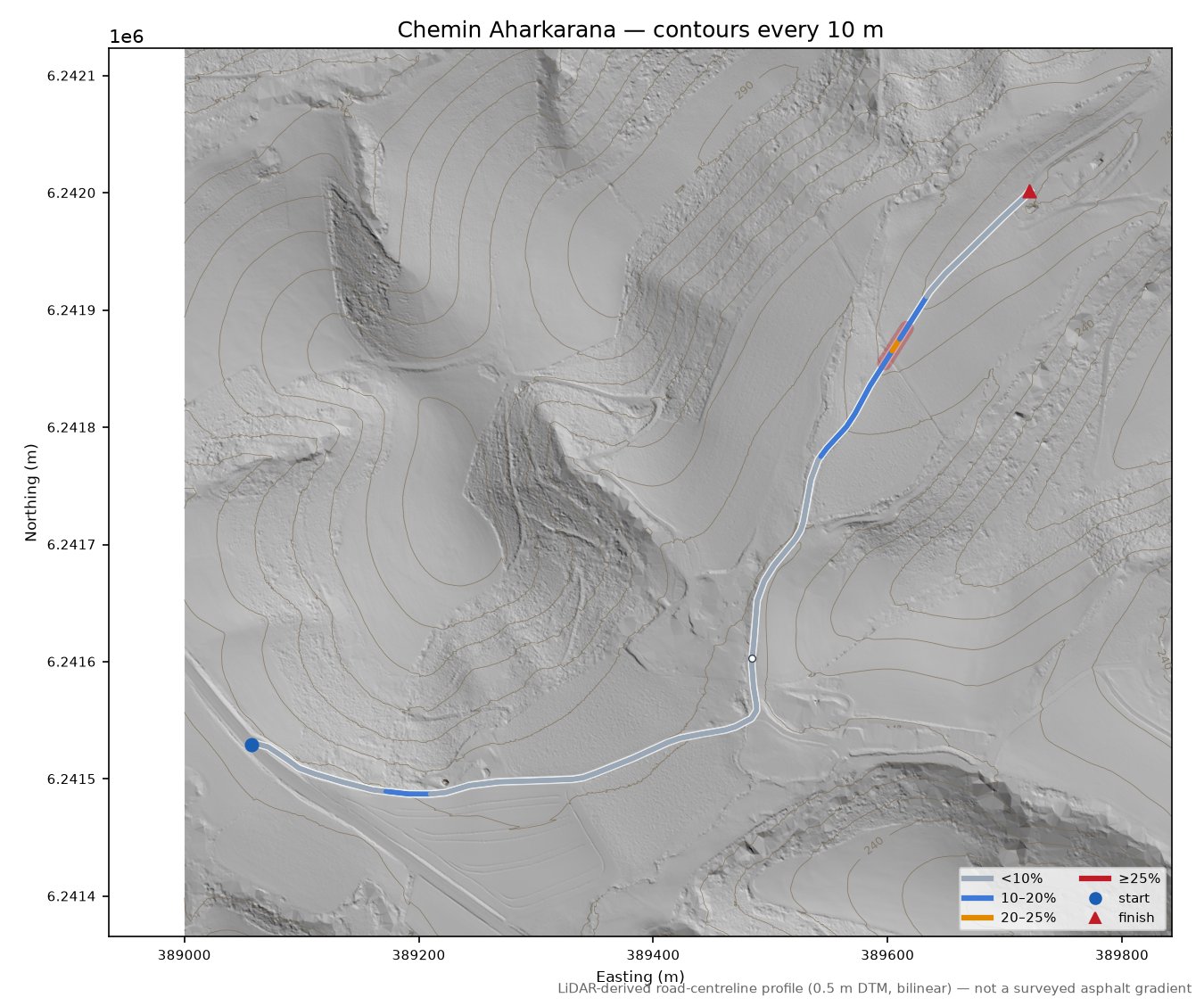 Chemin Aharkarana LiDAR hillshade map with contours