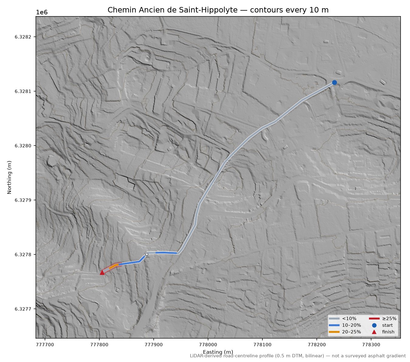 Chemin Ancien de Saint-Hippolyte LiDAR hillshade map with contours