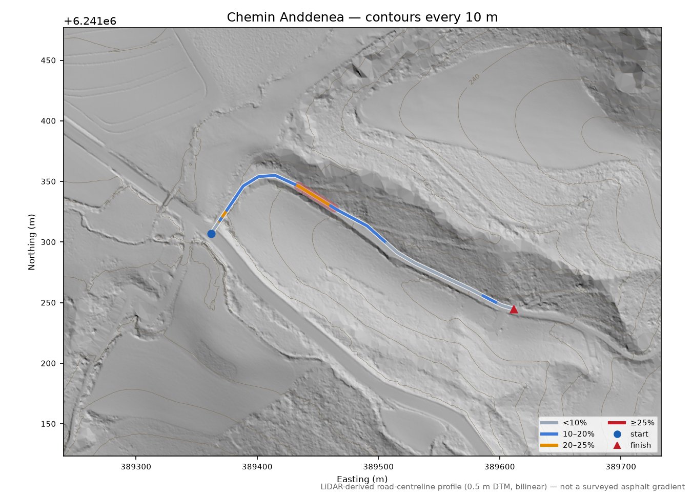 Chemin Anddenea LiDAR hillshade map with contours