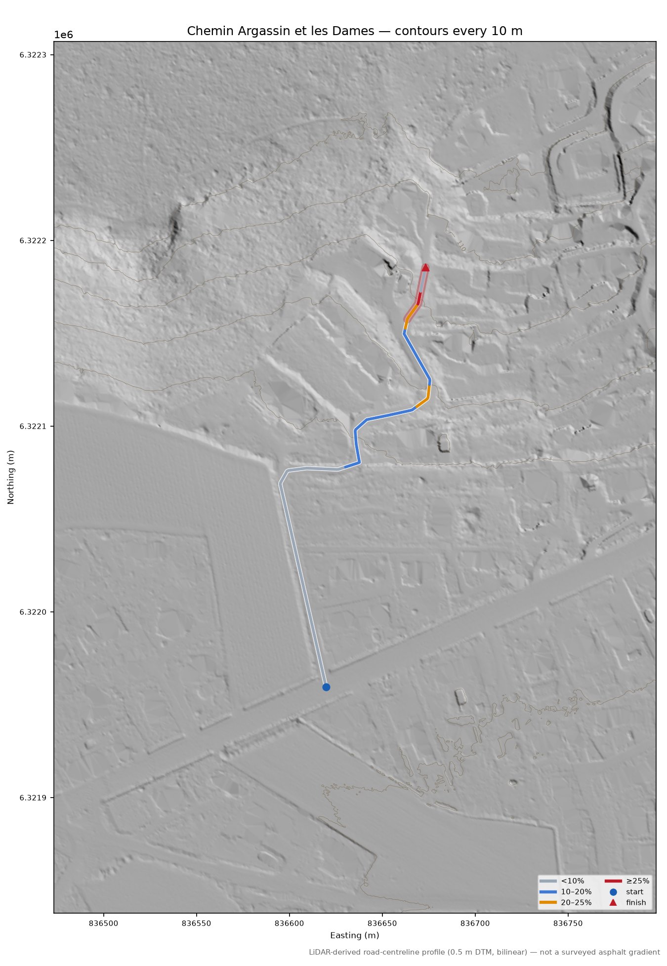 Chemin Argassin et les Dames LiDAR hillshade map with contours
