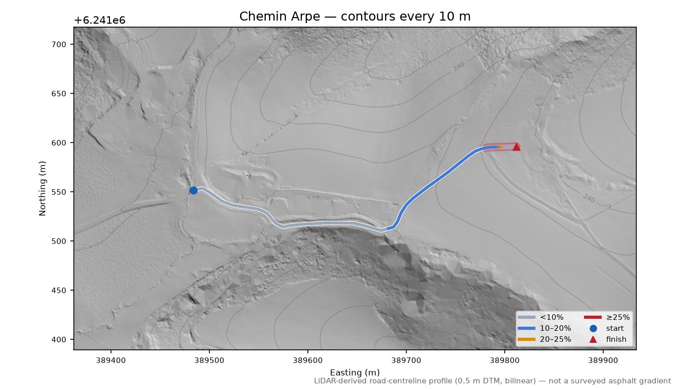 Chemin Arpe LiDAR hillshade map with contours