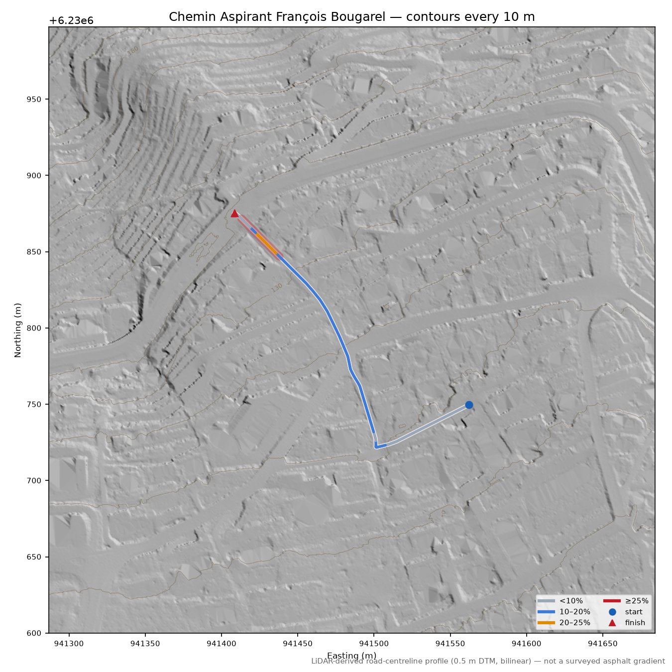 Chemin Aspirant François Bougarel LiDAR hillshade map with contours