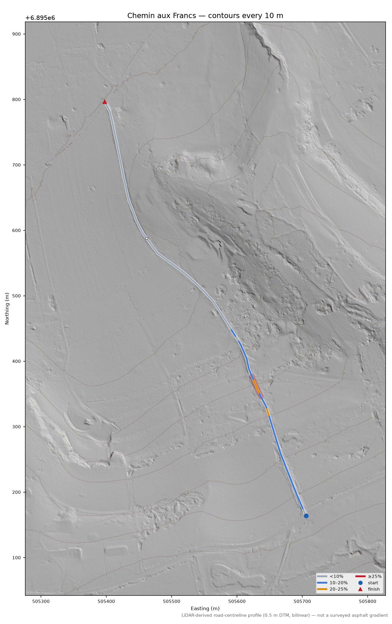 Chemin aux Francs LiDAR hillshade map with contours