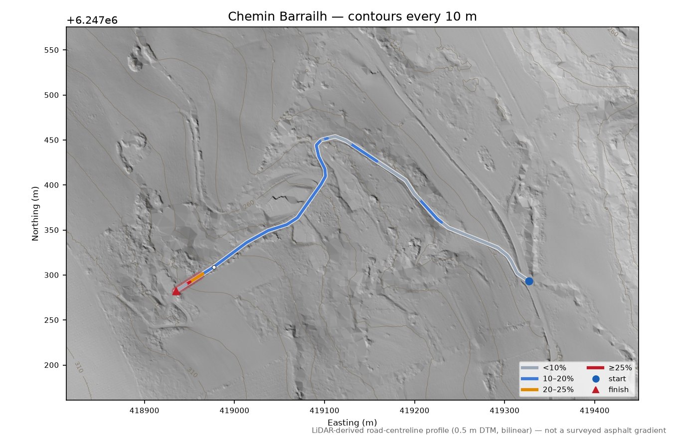 Chemin Barrailh LiDAR hillshade map with contours