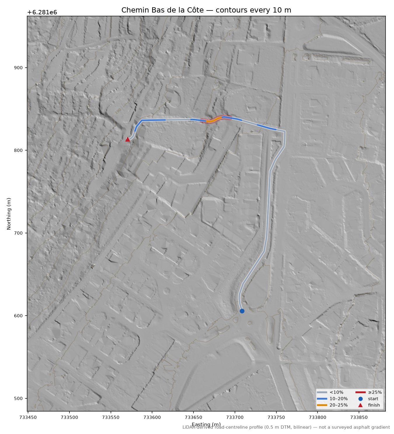 Chemin Bas de la Côte LiDAR hillshade map with contours