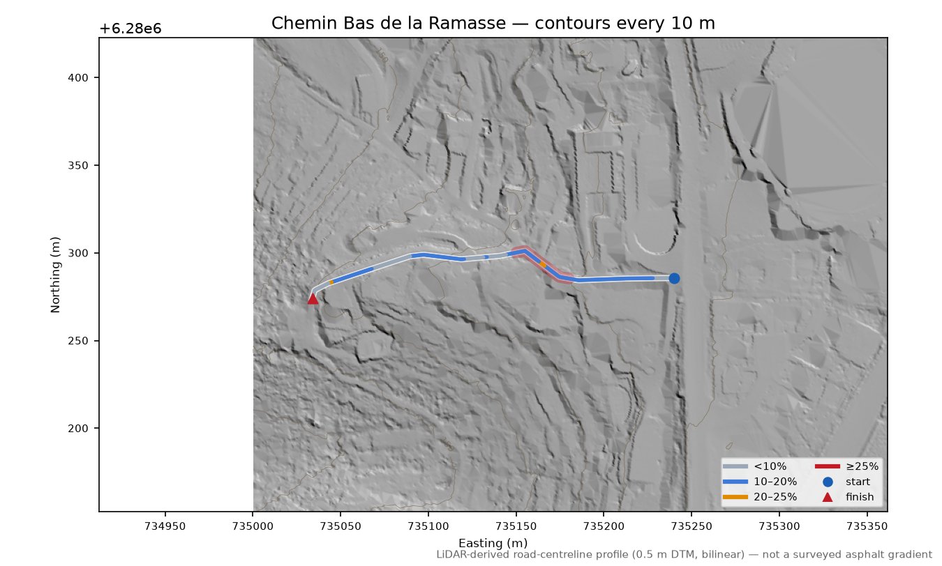 Chemin Bas de la Ramasse LiDAR hillshade map with contours