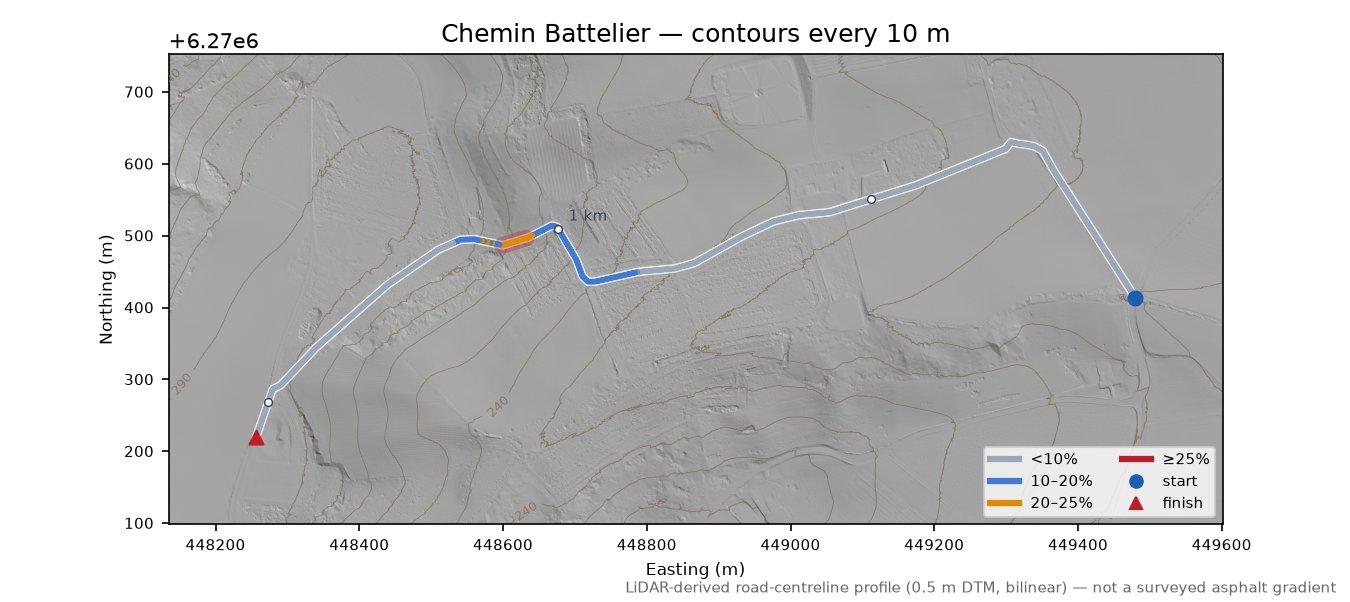 Chemin Battelier LiDAR hillshade map with contours