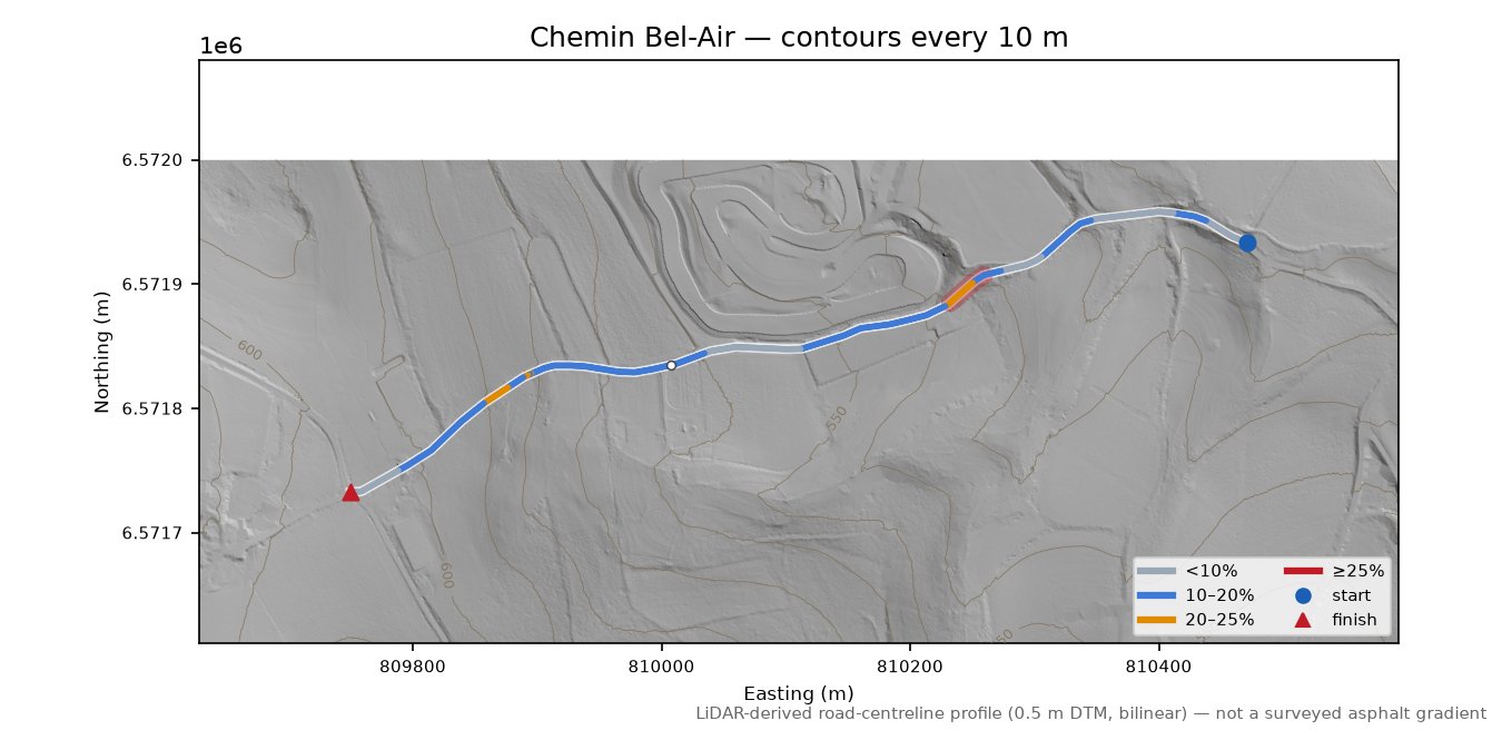 Chemin Bel-Air LiDAR hillshade map with contours