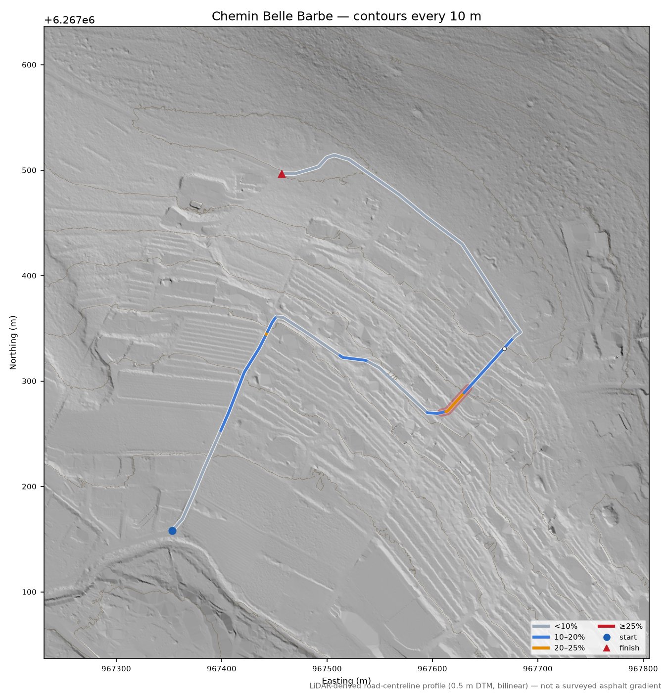 Chemin Belle Barbe LiDAR hillshade map with contours