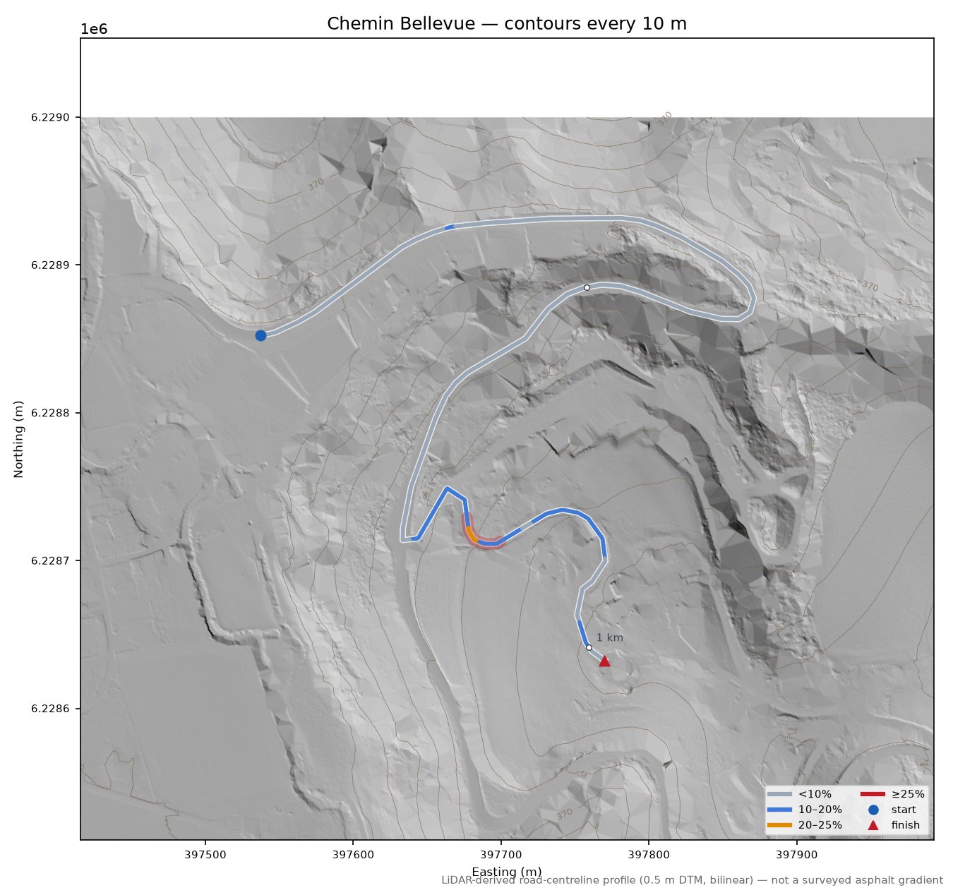 Chemin Bellevue LiDAR hillshade map with contours