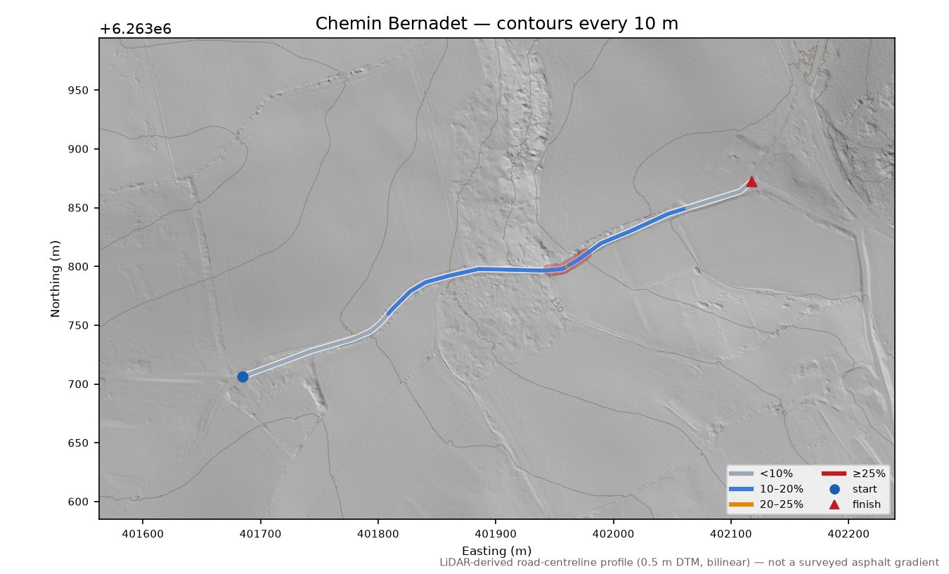 Chemin Bernadet LiDAR hillshade map with contours