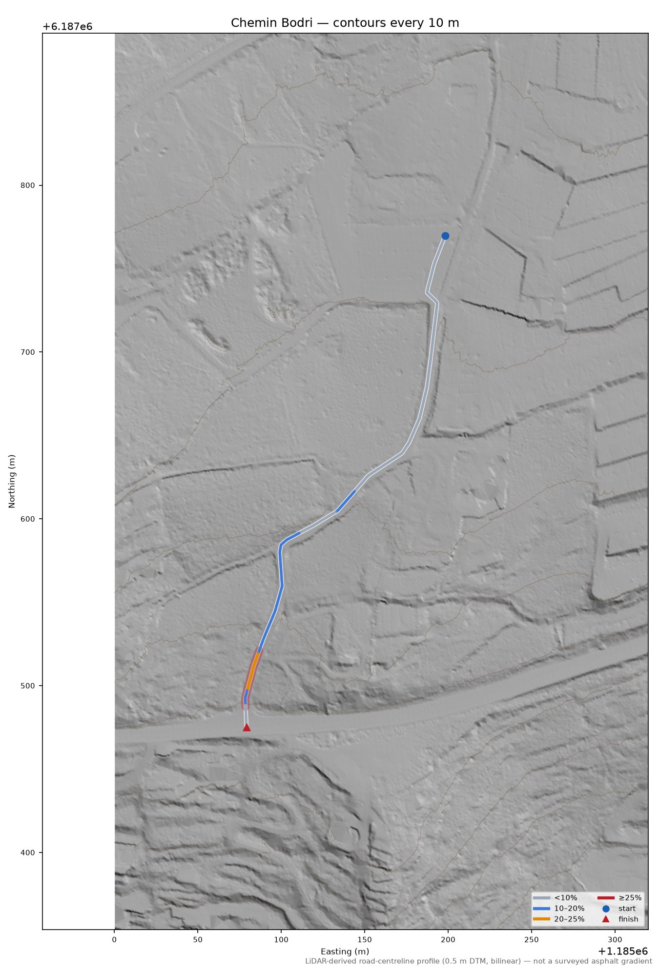 Chemin Bodri LiDAR hillshade map with contours