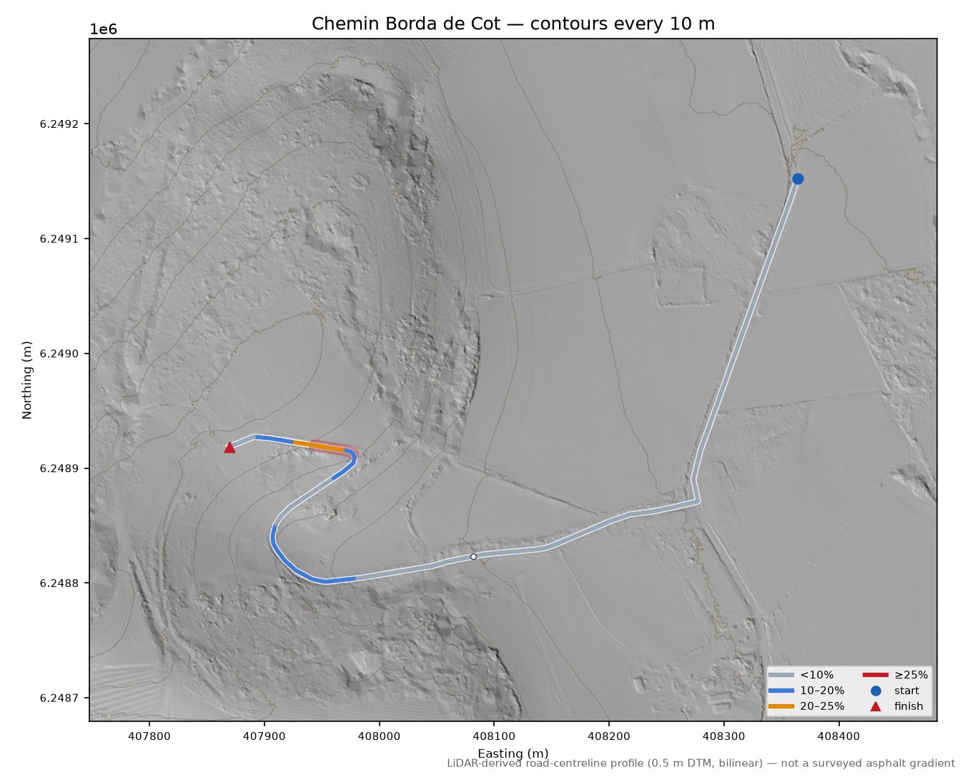 Chemin Borda de Cot LiDAR hillshade map with contours