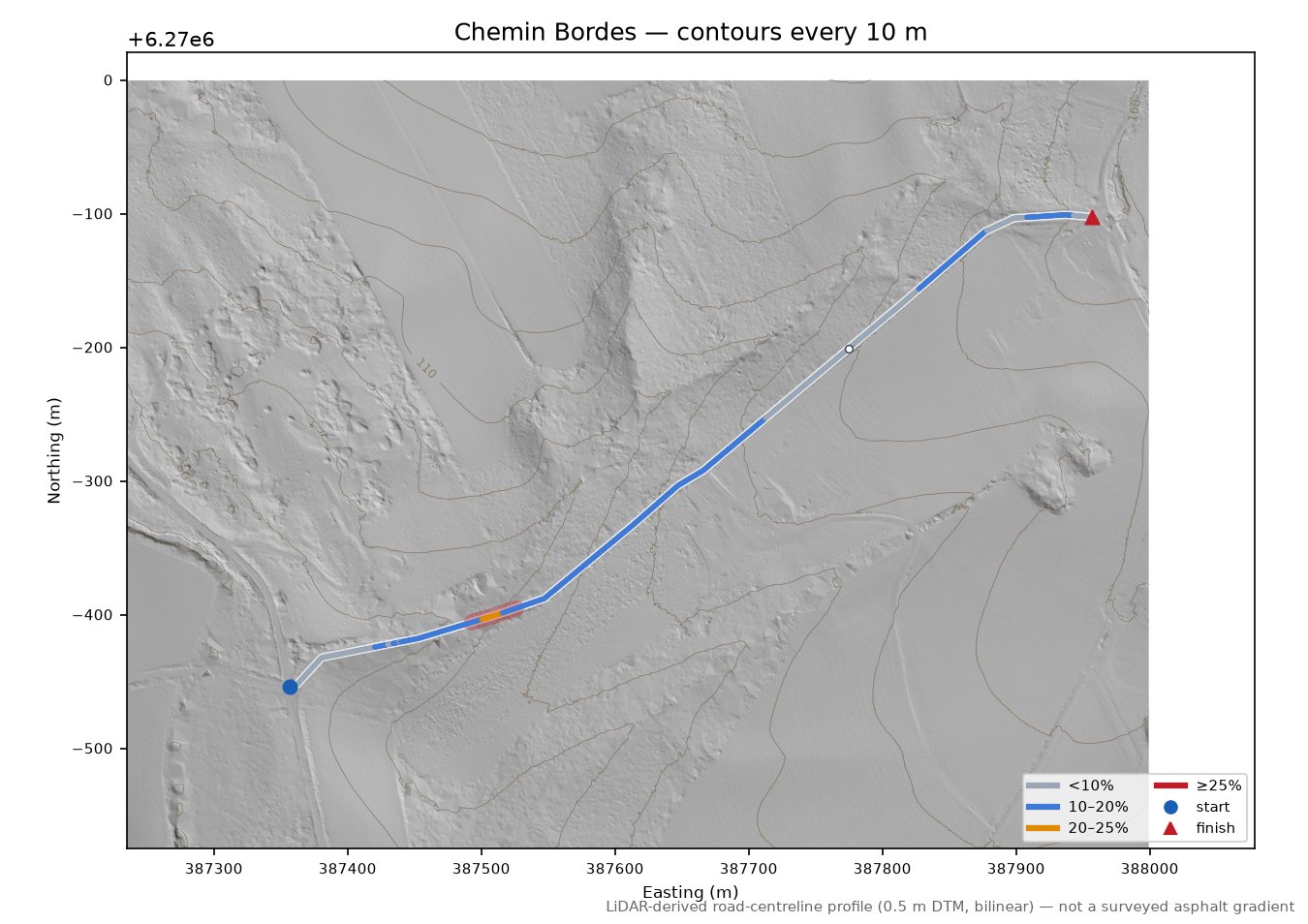 Chemin Bordes LiDAR hillshade map with contours