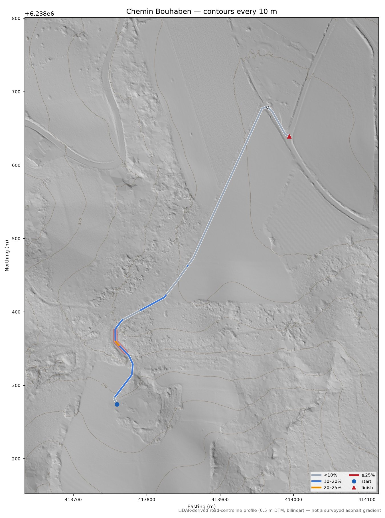 Chemin Bouhaben LiDAR hillshade map with contours