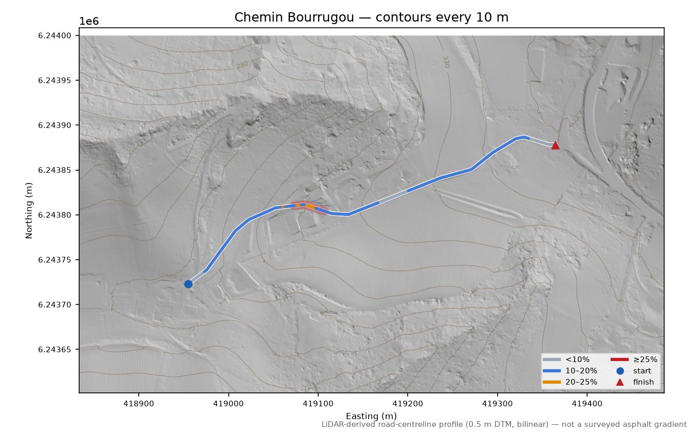 Chemin Bourrugou LiDAR hillshade map with contours