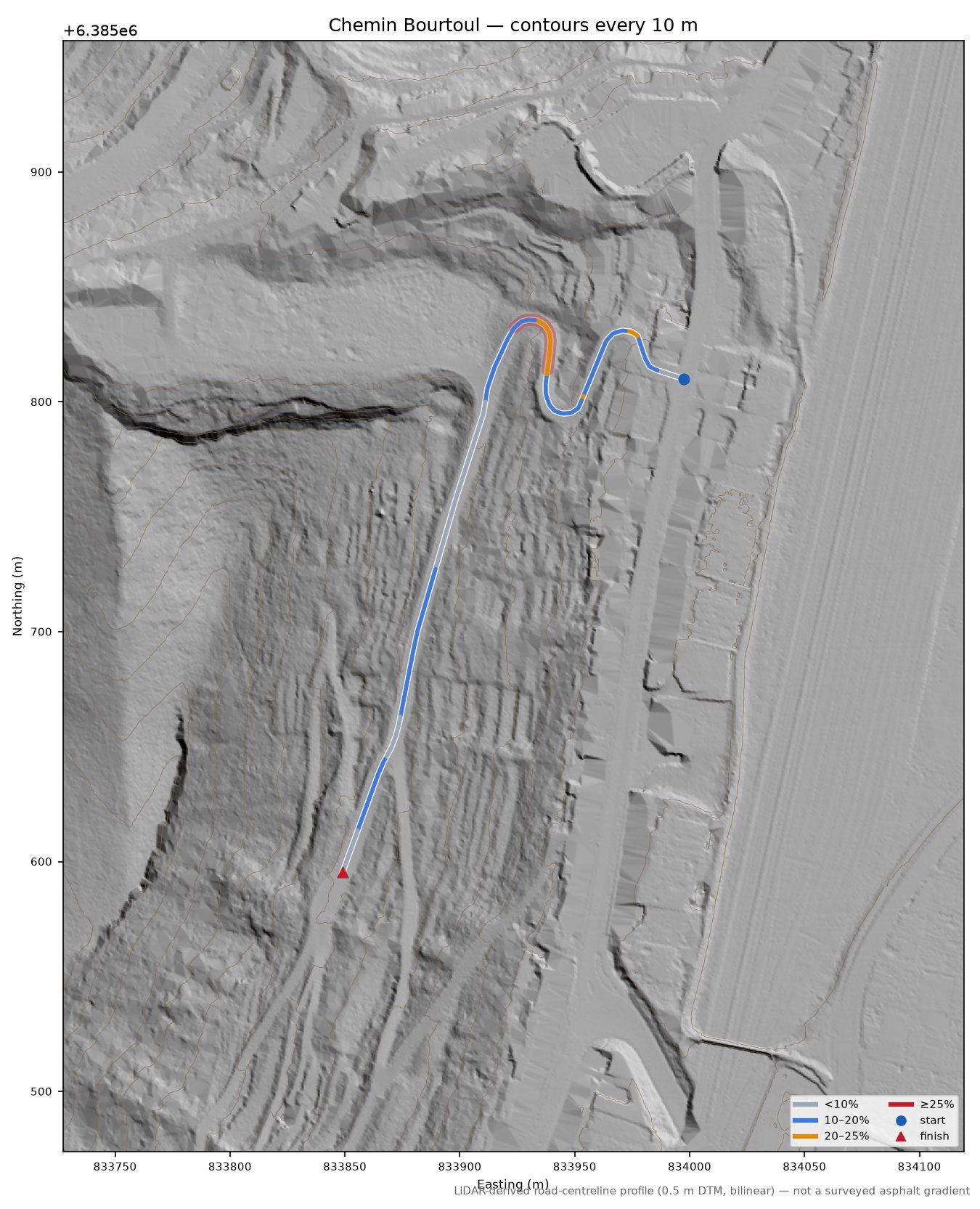 Chemin Bourtoul LiDAR hillshade map with contours
