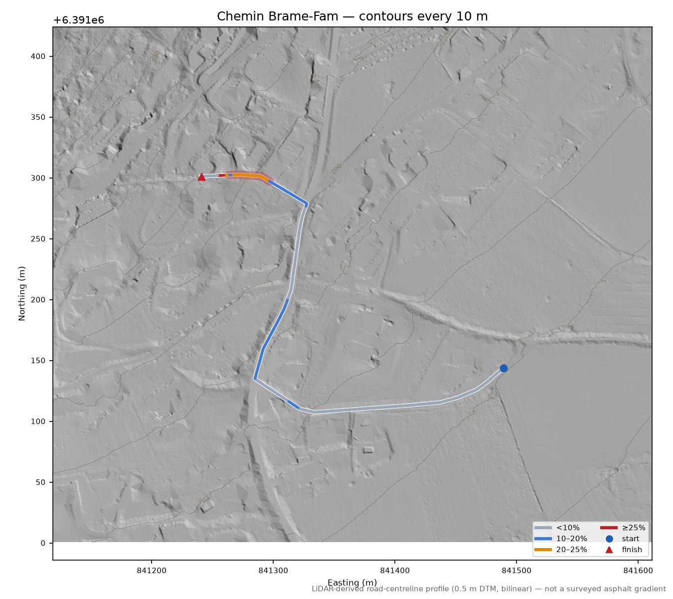 Chemin Brame-Fam LiDAR hillshade map with contours