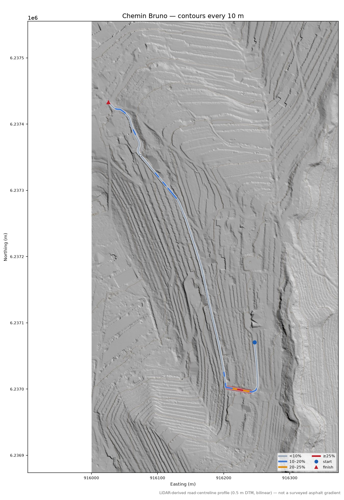 Chemin Bruno LiDAR hillshade map with contours