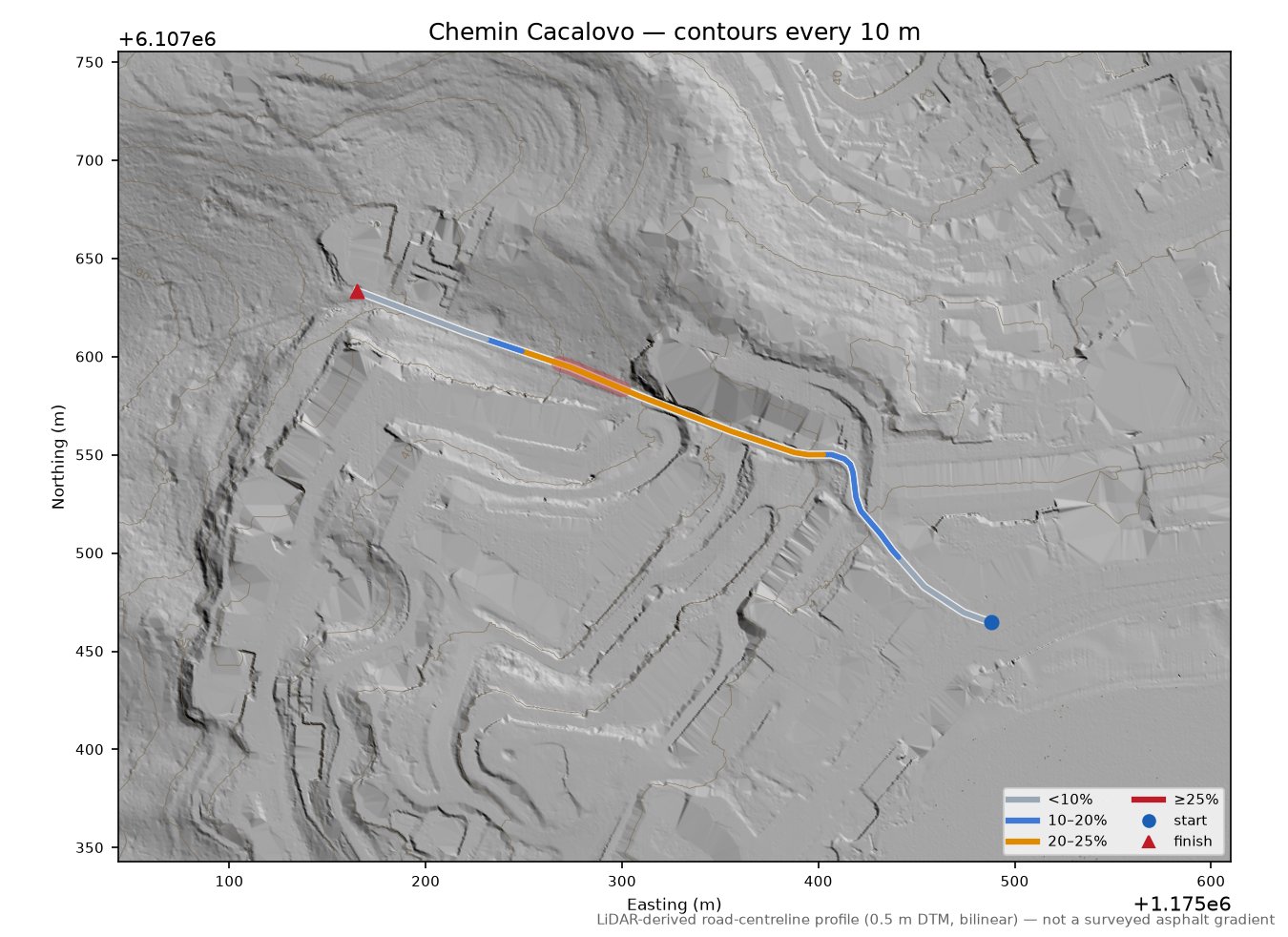 Chemin Cacalovo LiDAR hillshade map with contours