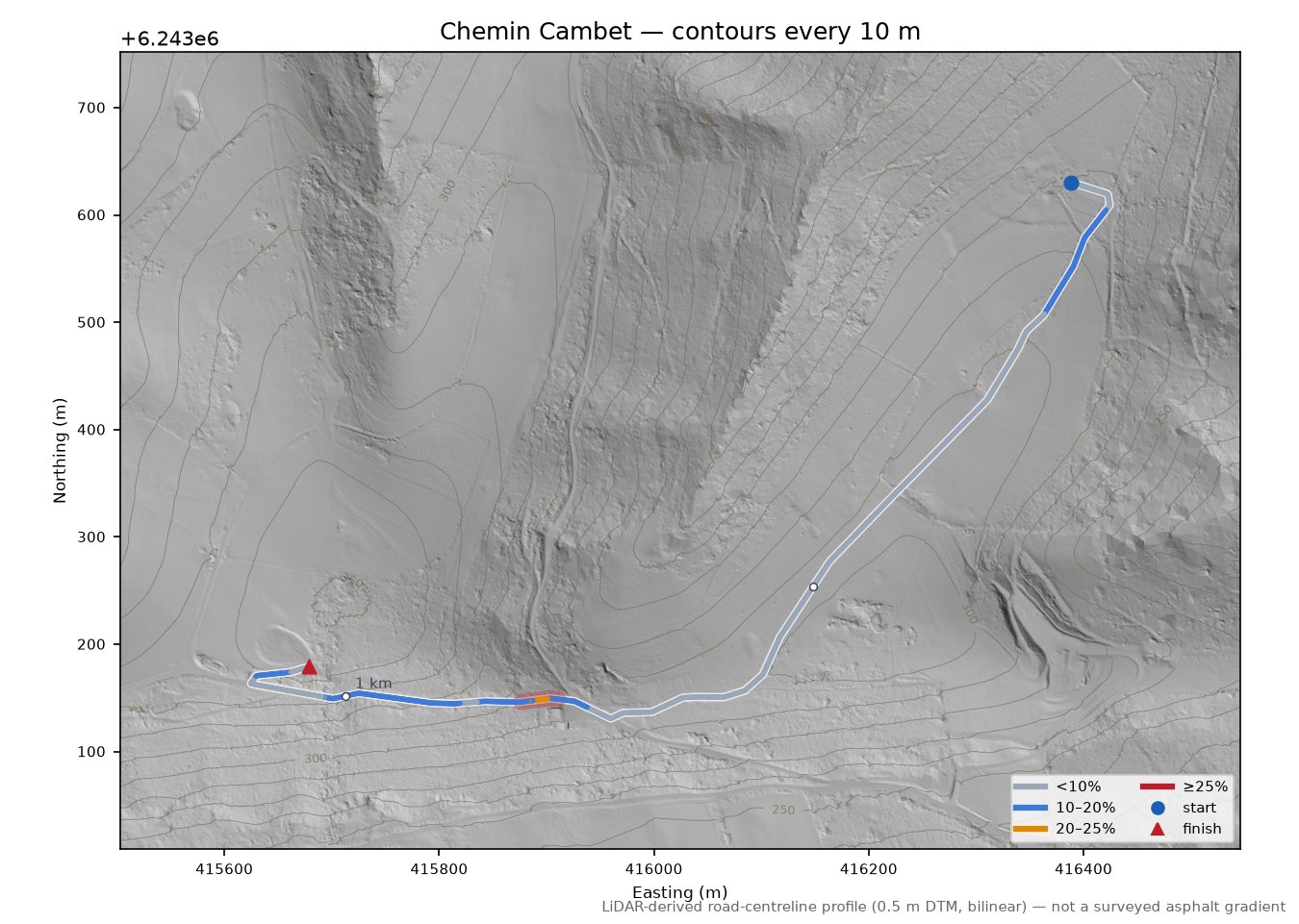 Chemin Cambet LiDAR hillshade map with contours