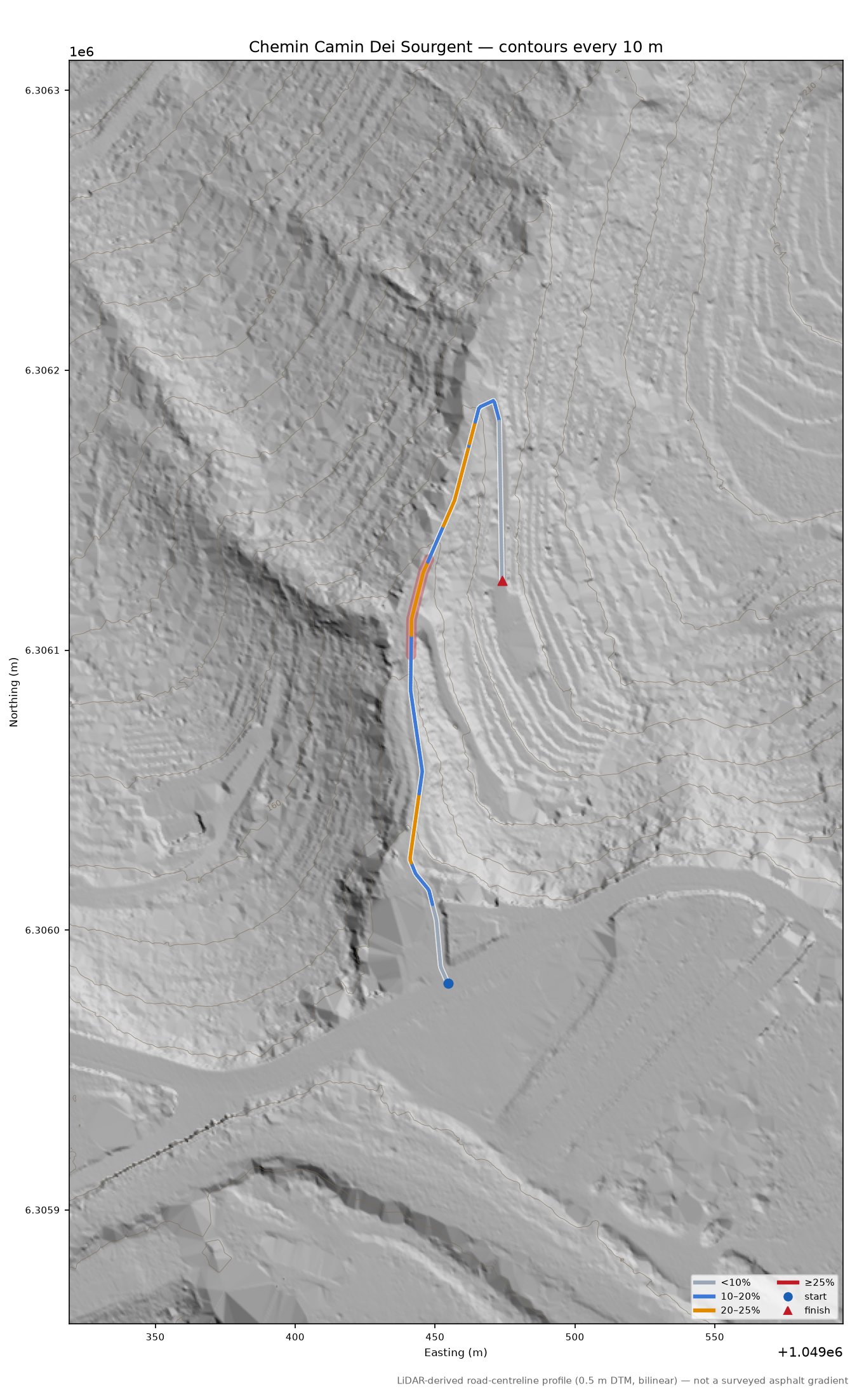 Chemin Camin Dei Sourgent LiDAR hillshade map with contours