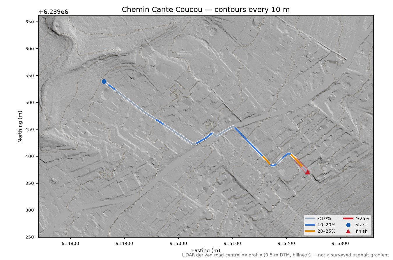 Chemin Cante Coucou LiDAR hillshade map with contours