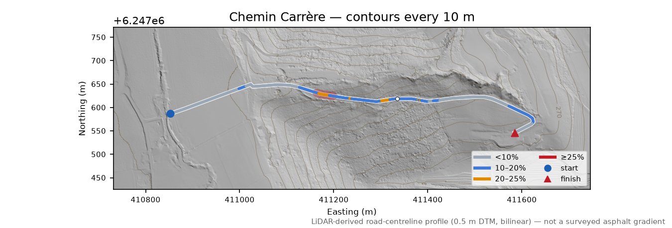 Chemin Carrère LiDAR hillshade map with contours