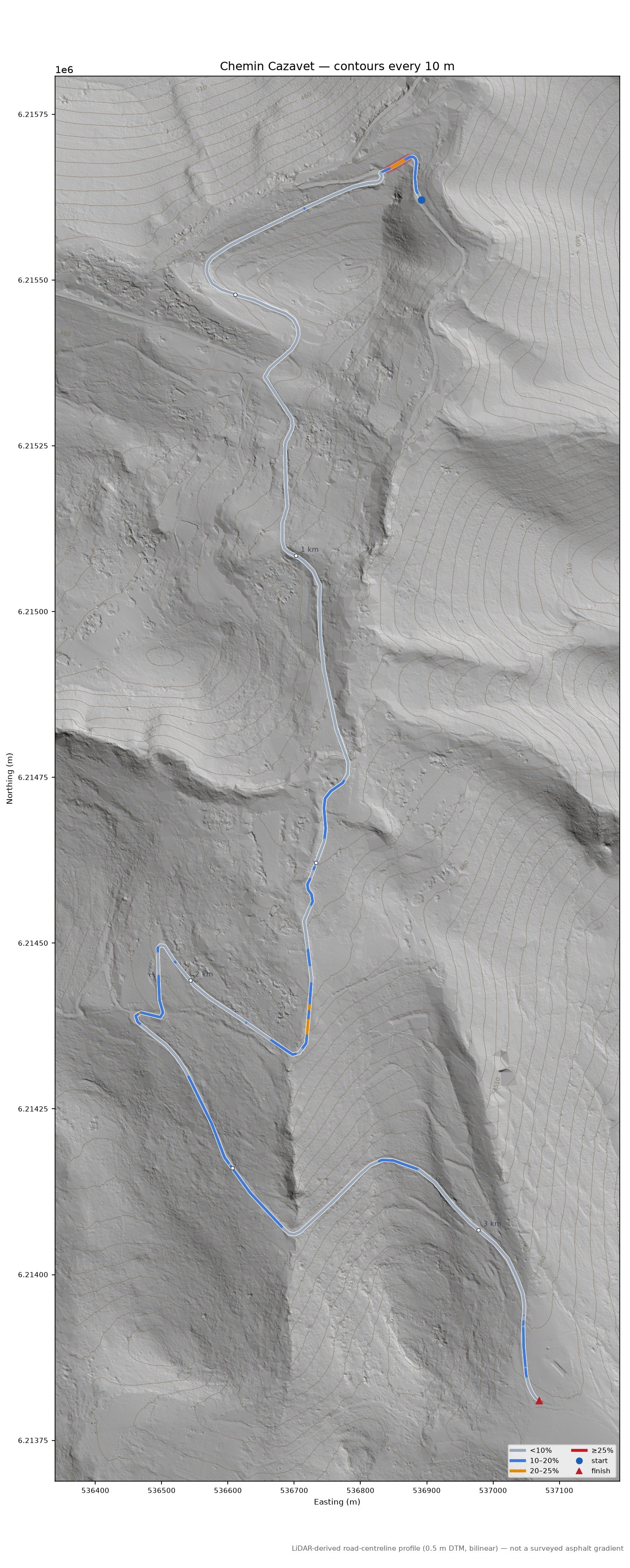 Chemin Cazavet LiDAR hillshade map with contours