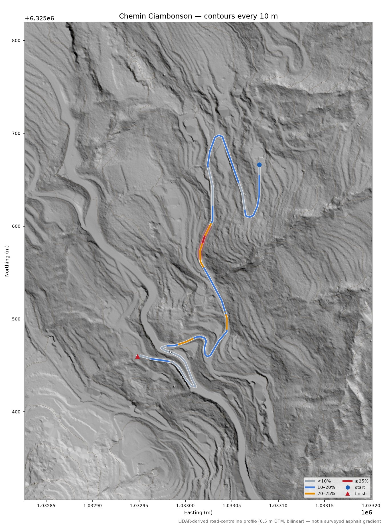 Chemin Ciambonson LiDAR hillshade map with contours