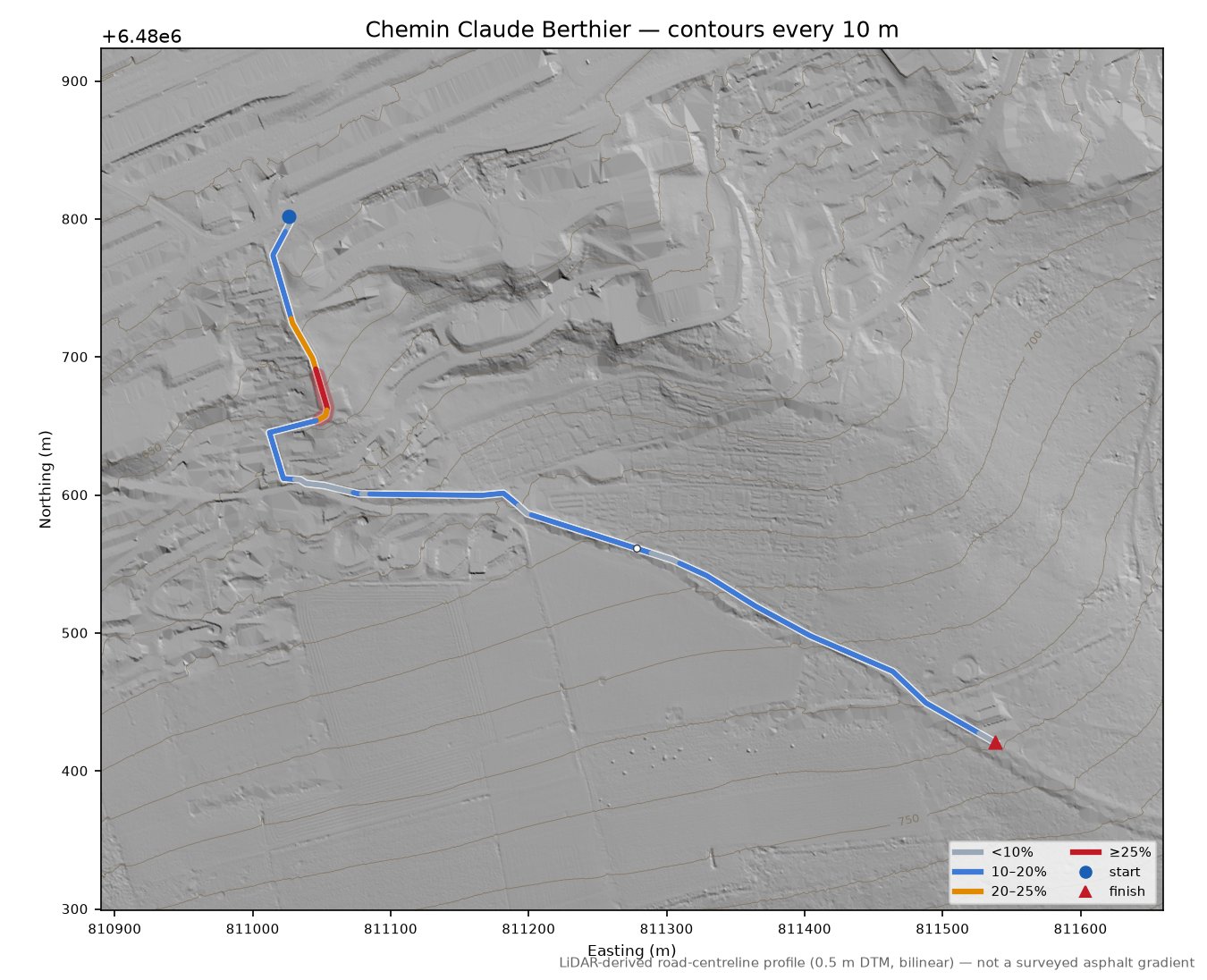 Chemin Claude Berthier LiDAR hillshade map with contours