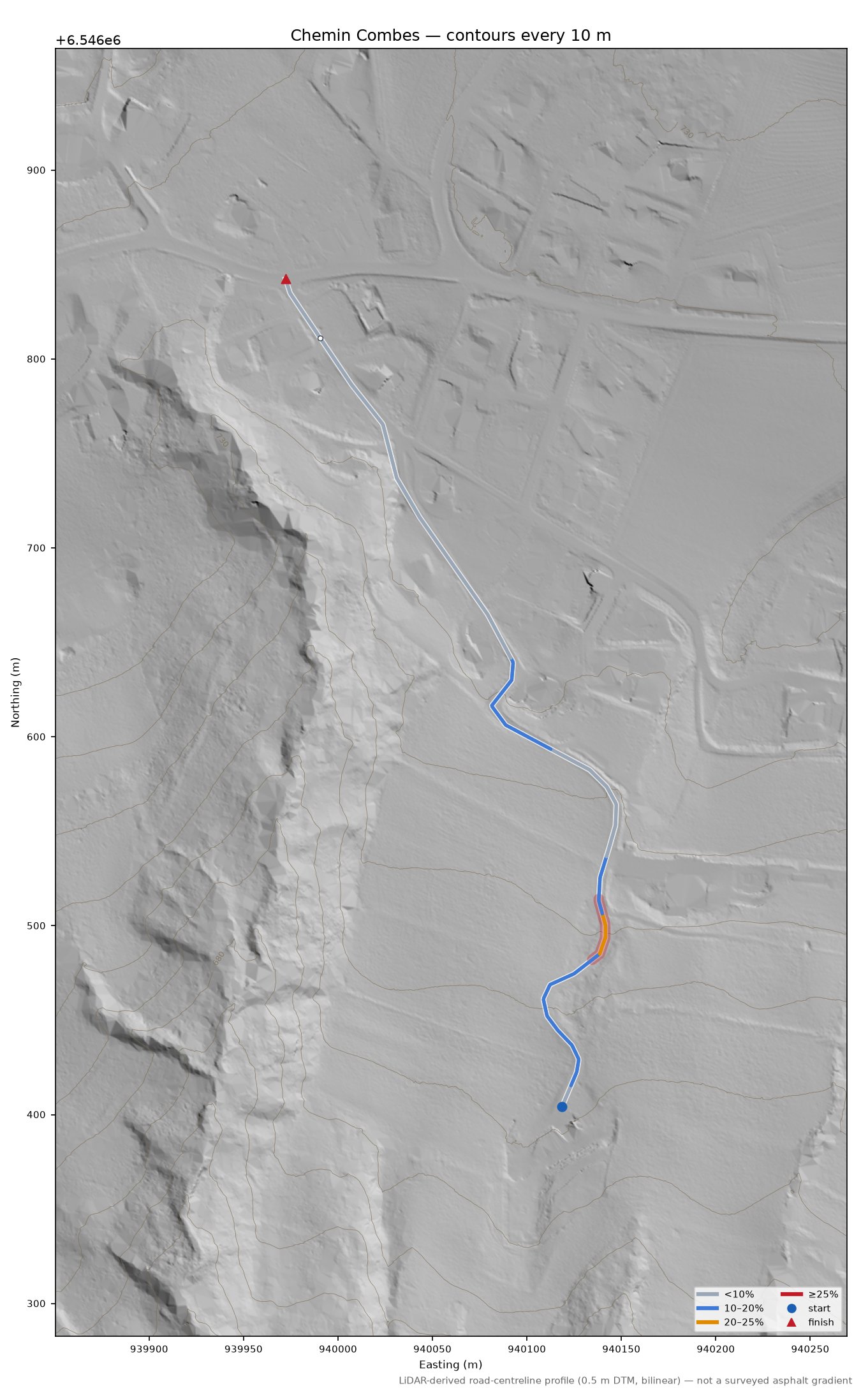 Chemin Combes LiDAR hillshade map with contours