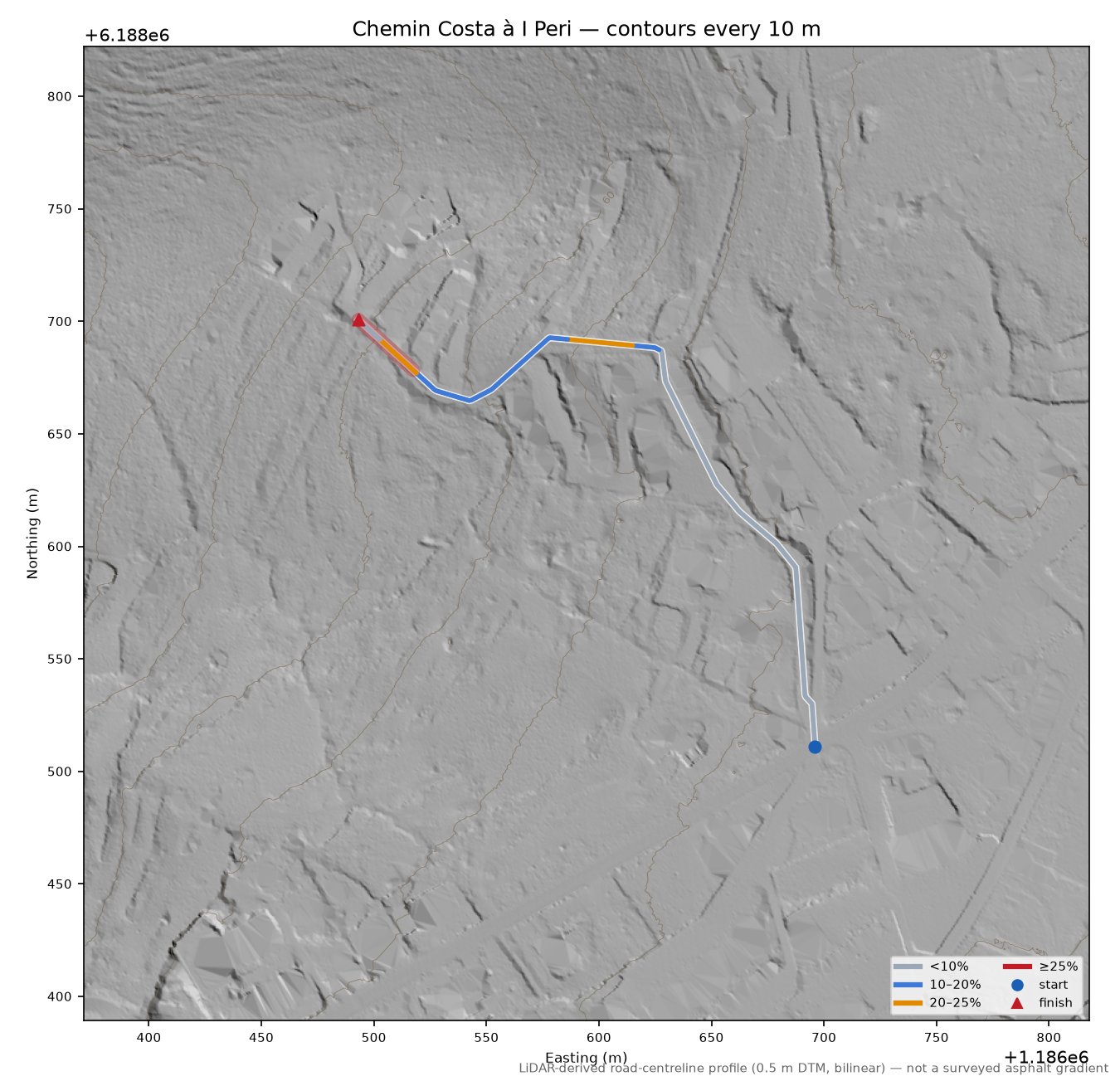Chemin Costa à I Peri LiDAR hillshade map with contours