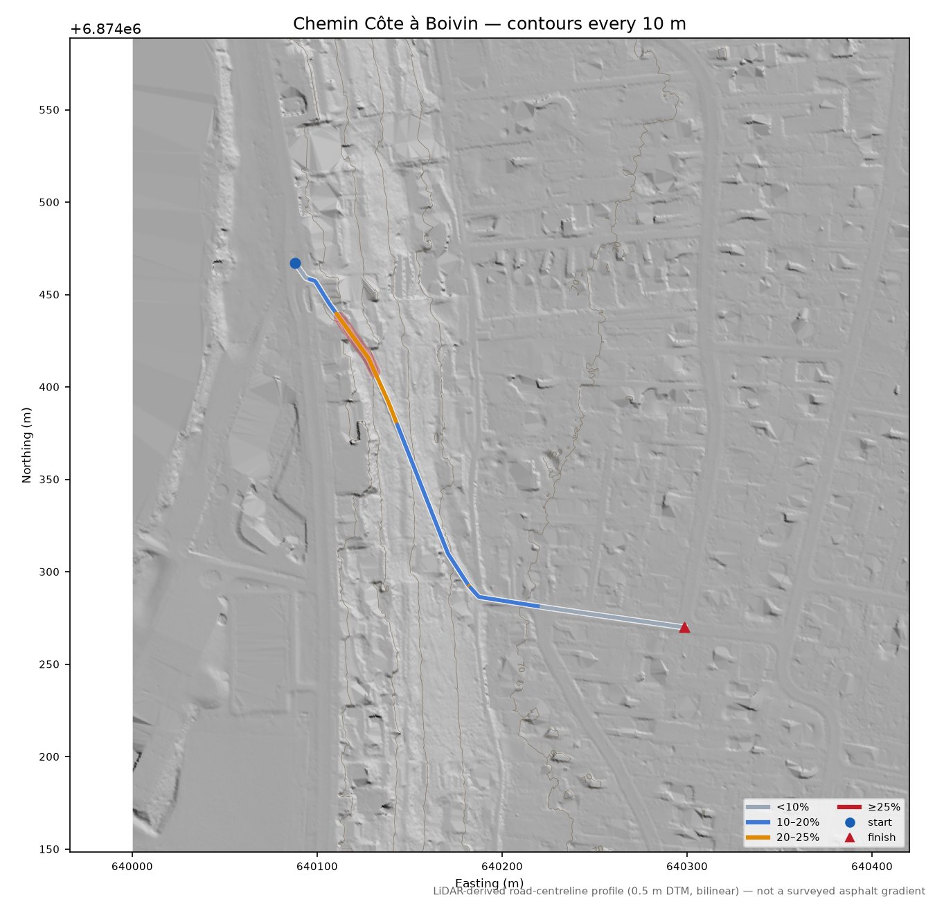 Chemin Côte à Boivin LiDAR hillshade map with contours