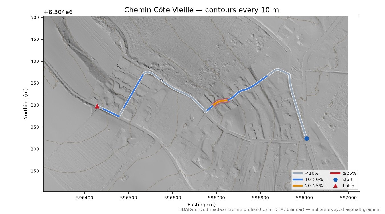 Chemin Côte Vieille LiDAR hillshade map with contours