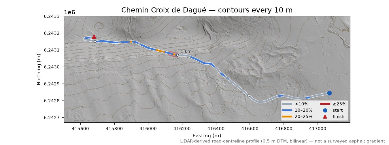 Chemin Croix de Dagué LiDAR hillshade map with contours