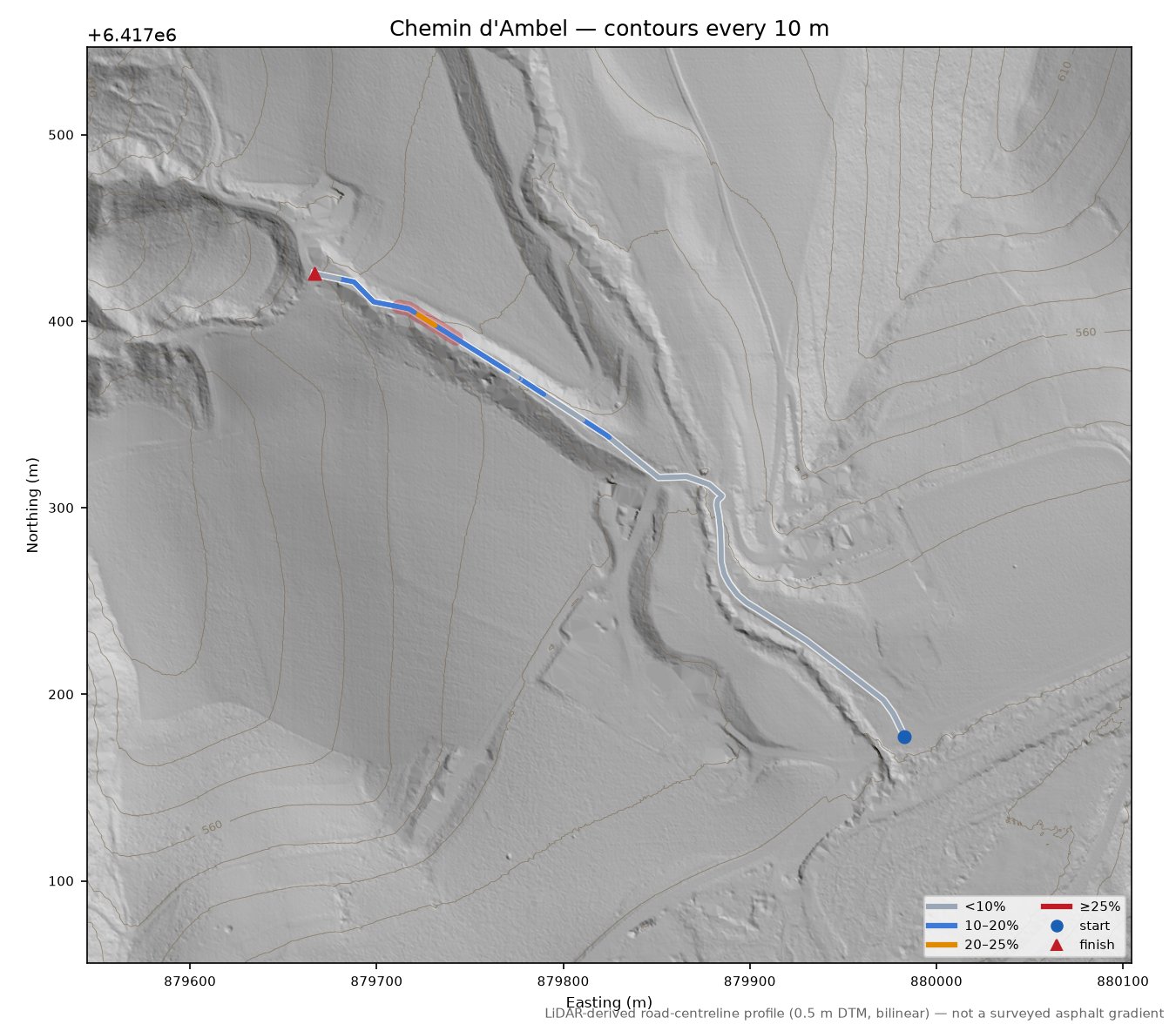 Chemin d'Ambel LiDAR hillshade map with contours