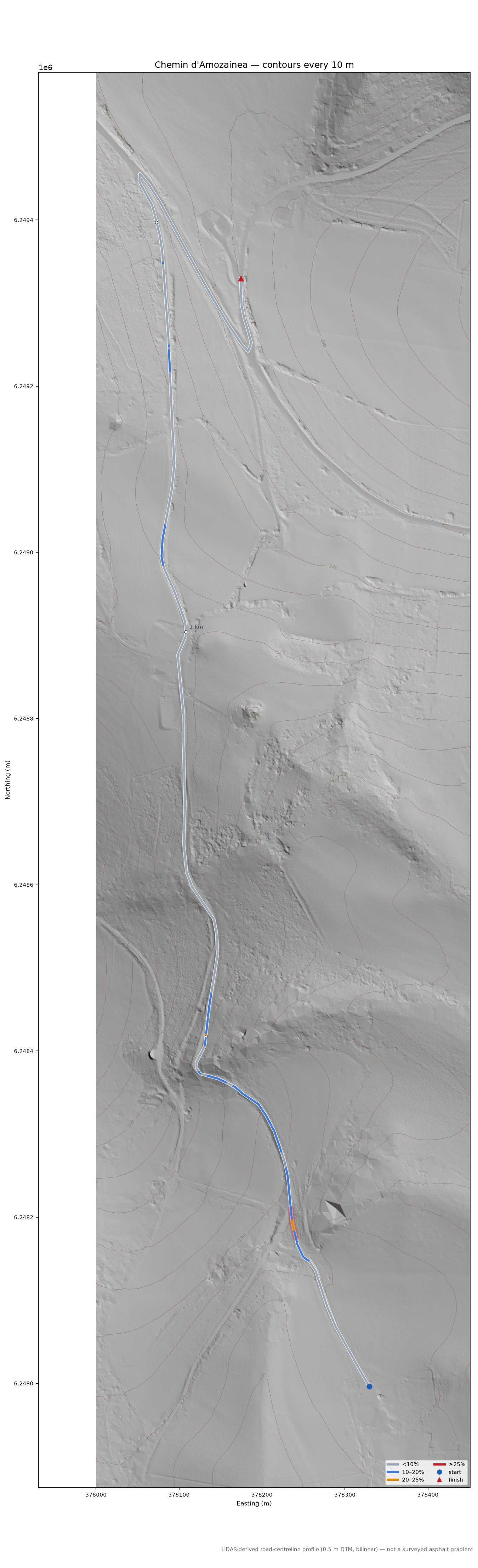 Chemin d'Amozainea LiDAR hillshade map with contours