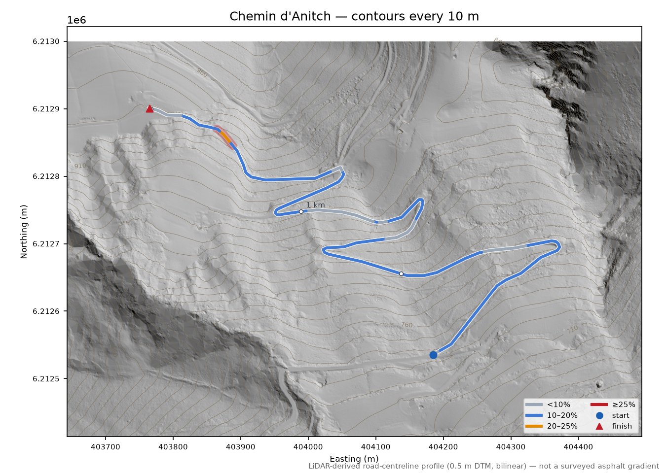 Chemin d'Anitch LiDAR hillshade map with contours