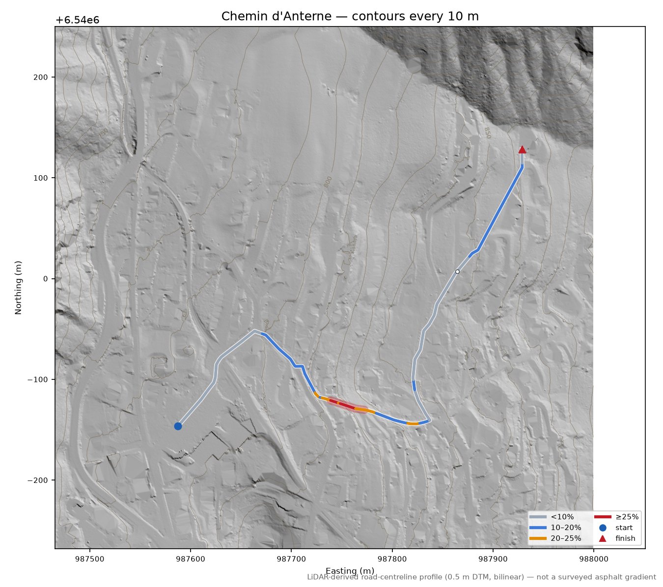 Chemin d'Anterne LiDAR hillshade map with contours